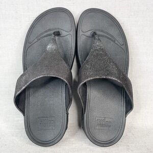 Fitflop Womens 8 Lulu Sandals Shoes Black Shimmer Thong Wedge Comfort Slip On‎